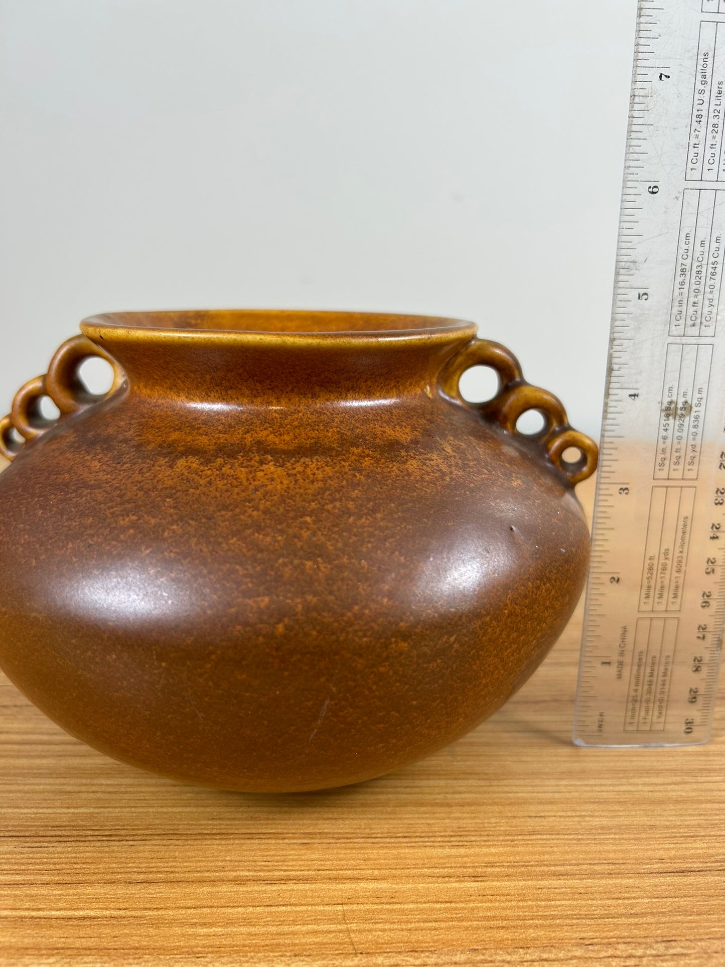 Monmouth Illinois Art Pottery Orange Rust Art Deco 3 Loop Handled Vase
