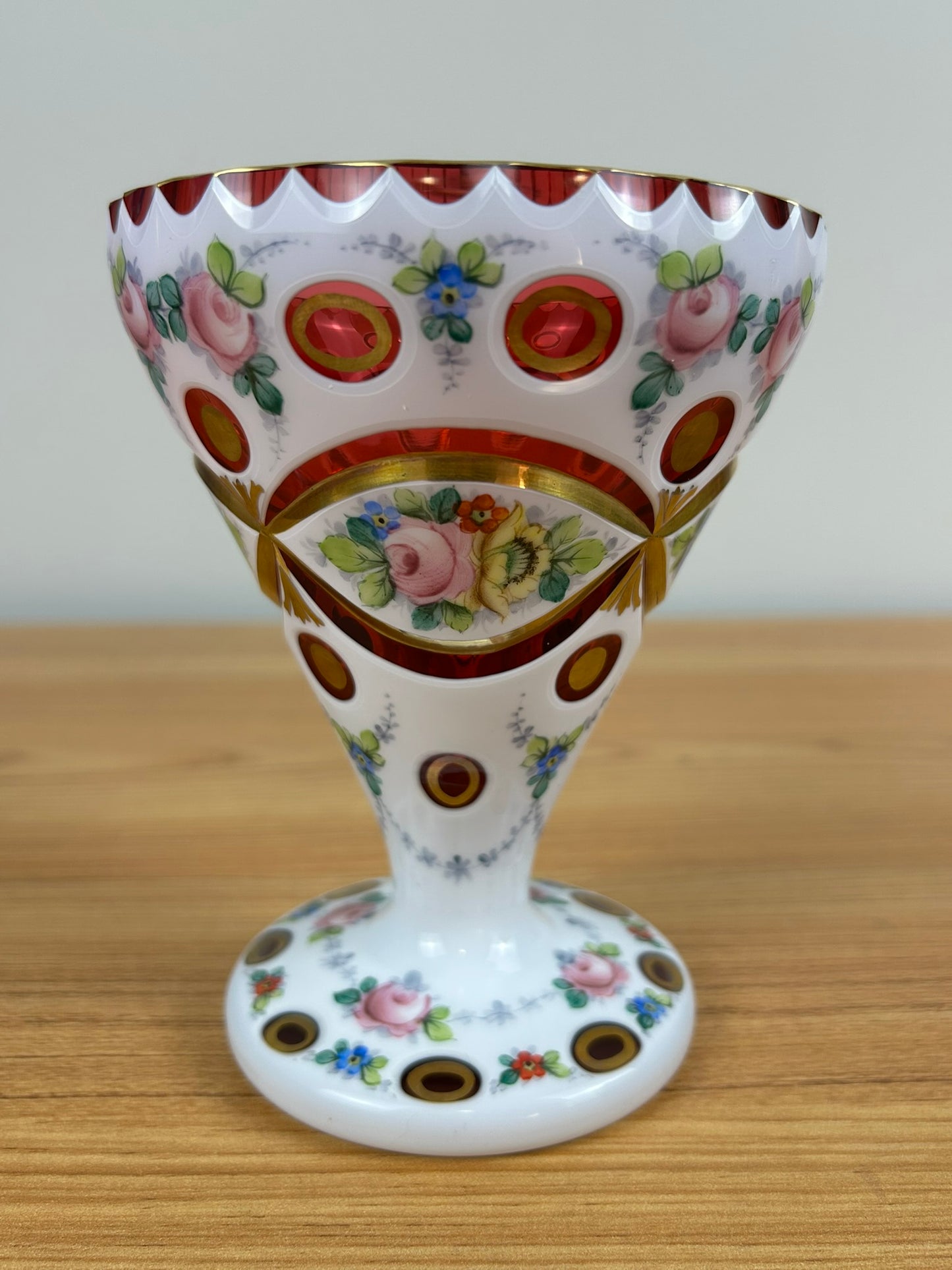 Vintage 1930’s Bohemian Cranberry White Overlay Floral Glass Goblet Vase