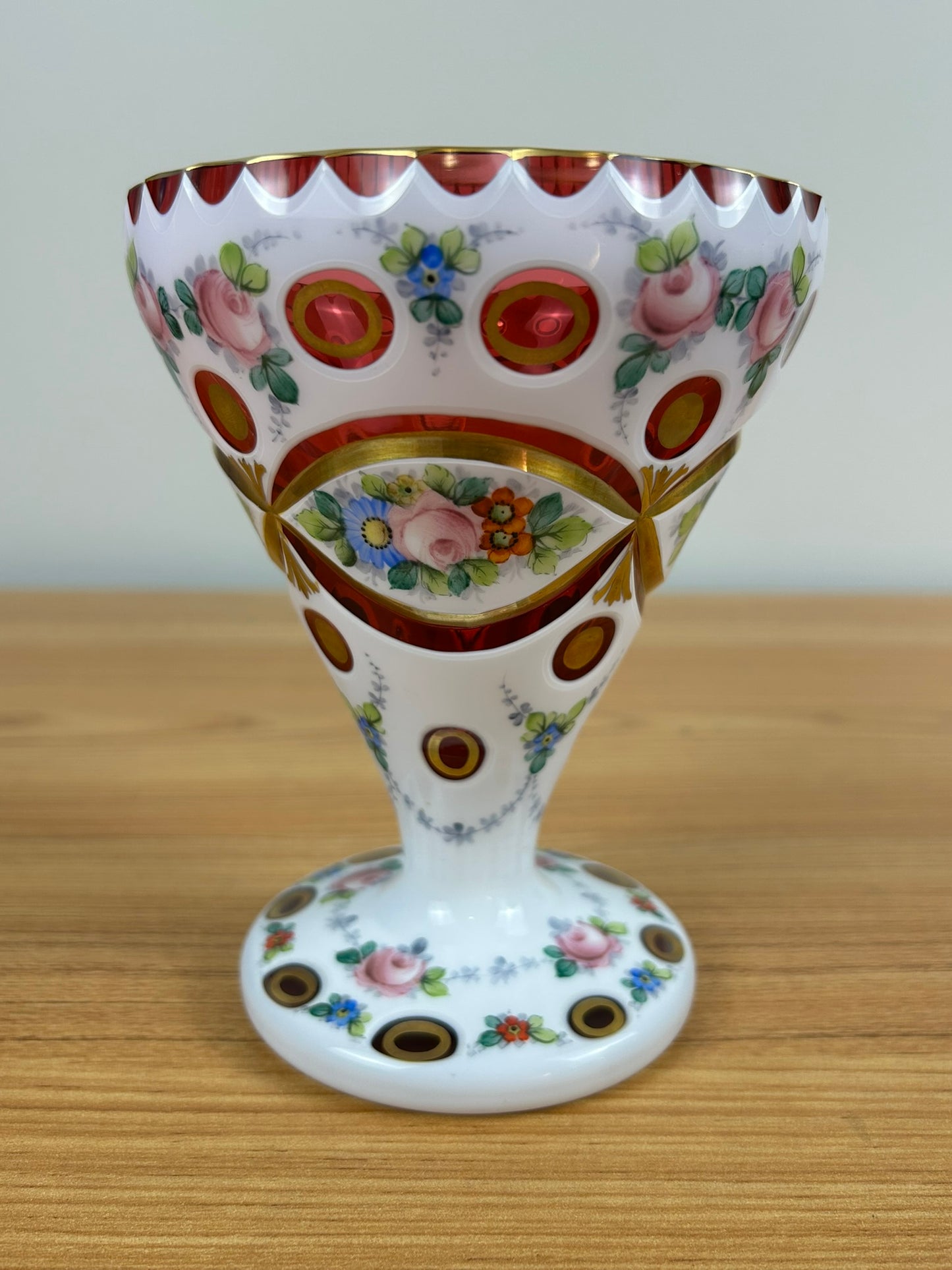 Vintage 1930’s Bohemian Cranberry White Overlay Floral Glass Goblet Vase