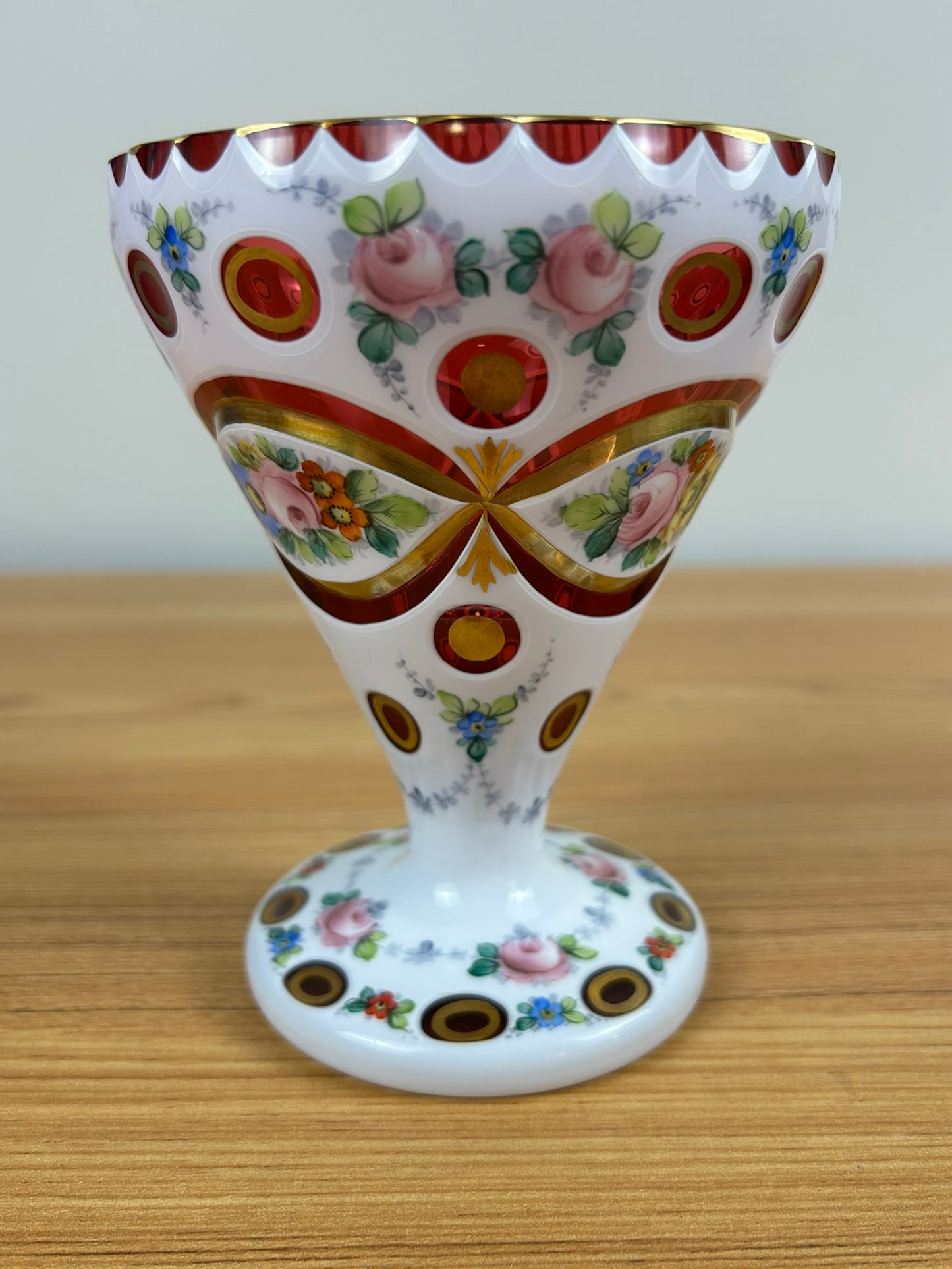 Vintage 1930’s Bohemian Cranberry White Overlay Floral Glass Goblet Vase