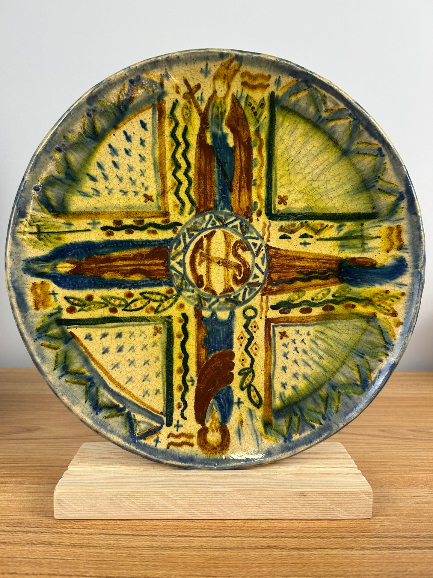 Vintage Catholic Art Pottery Communion Plate With Religious Characters IHS Center