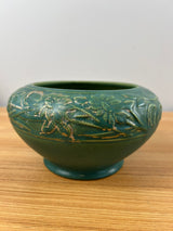 Weller Breton Bulb Bowl Raised Floral Wreath Design in Matte Green Gold Accents