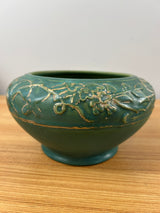 Weller Breton Bulb Bowl Raised Floral Wreath Design in Matte Green Gold Accents