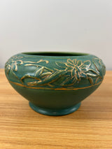 Weller Breton Bulb Bowl Raised Floral Wreath Design in Matte Green Gold Accents