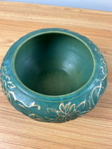 Weller Breton Bulb Bowl Raised Floral Wreath Design in Matte Green Gold Accents