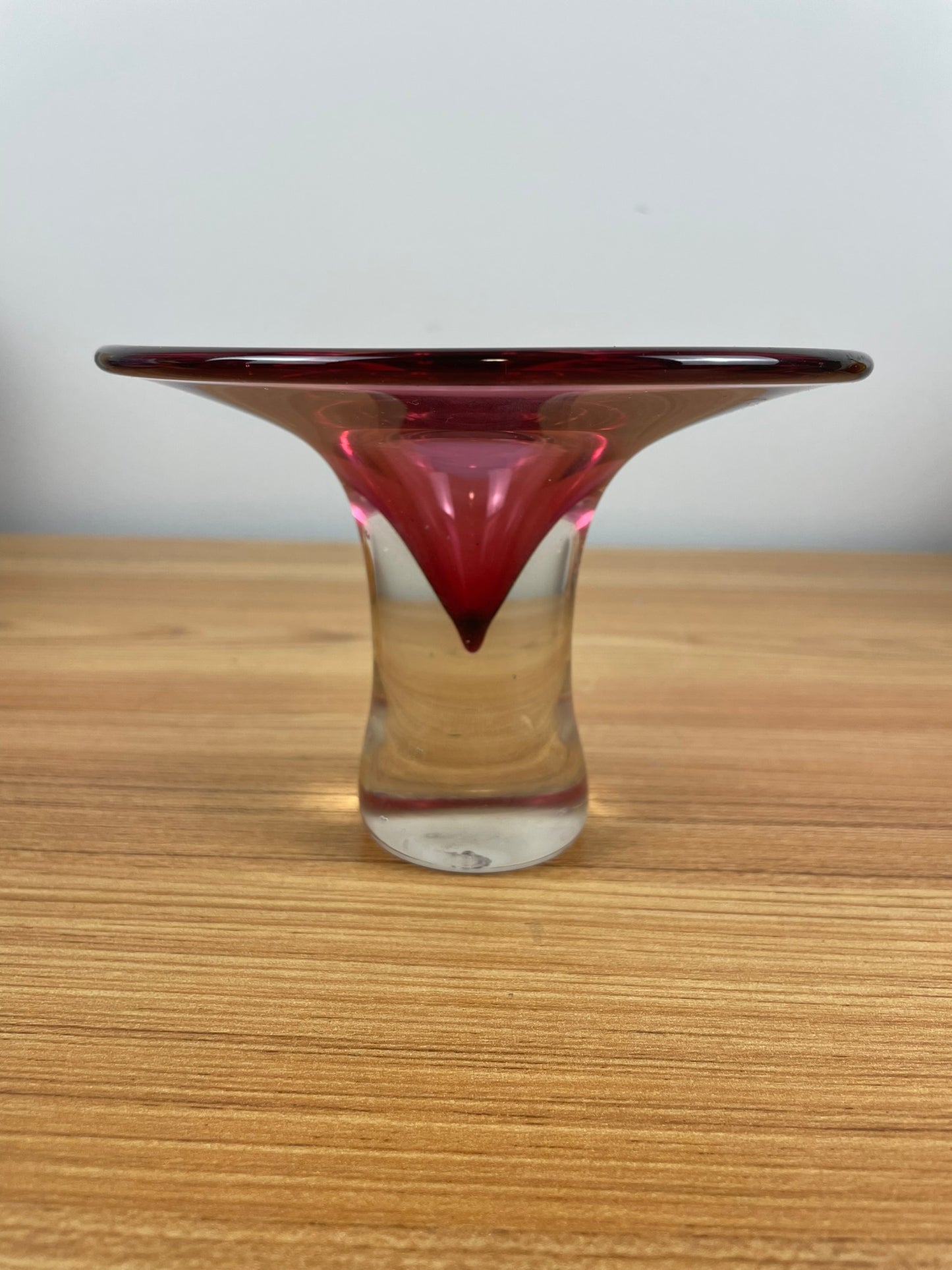 Rebecca Stewart Footed Bowl / Vase Clear & Cranberry Art Glass Signed