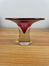 Rebecca Stewart Footed Bowl / Vase Clear & Cranberry Art Glass Signed