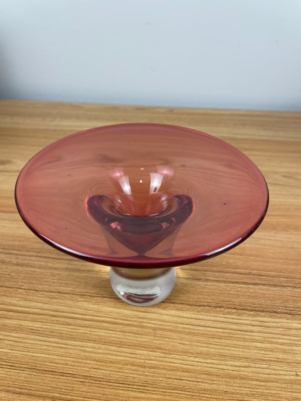 Rebecca Stewart Footed Bowl / Vase Clear & Cranberry Art Glass Signed