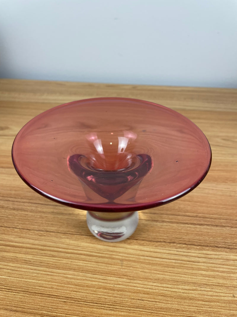 Rebecca Stewart Footed Bowl / Vase Clear & Cranberry Art Glass Signed