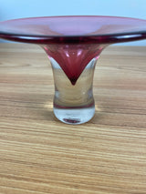 Rebecca Stewart Footed Bowl / Vase Clear & Cranberry Art Glass Signed