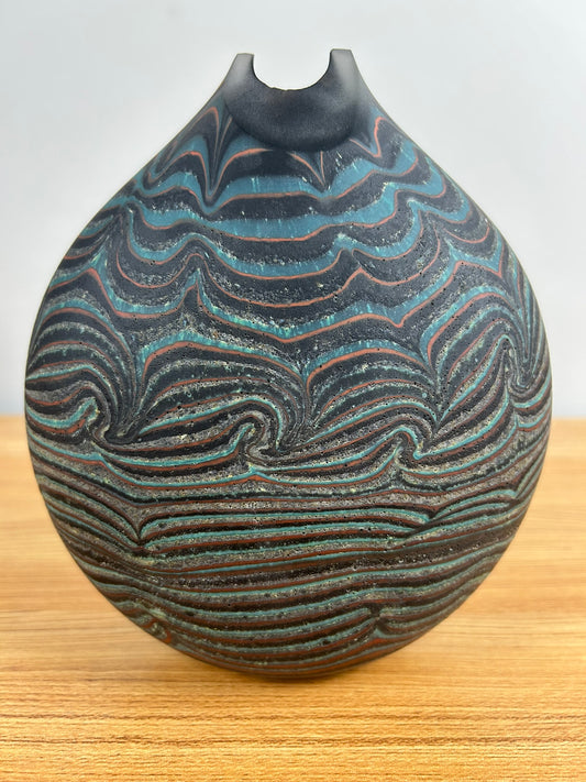 Bill Poceta Hand Blown Art Glass Vessel Vase Black, Blue, And Red Swirl Design