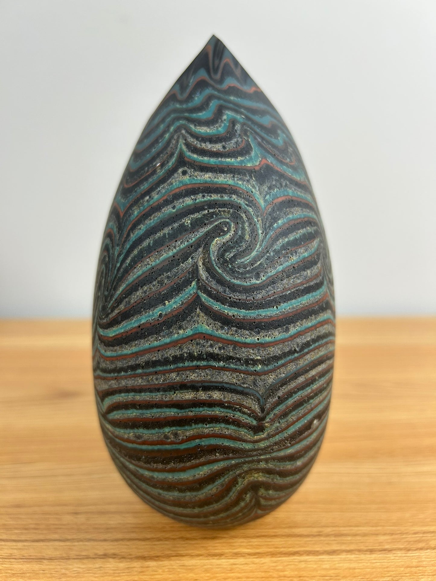 Bill Poceta Hand Blown Art Glass Vessel Vase Black, Blue, And Red Swirl Design