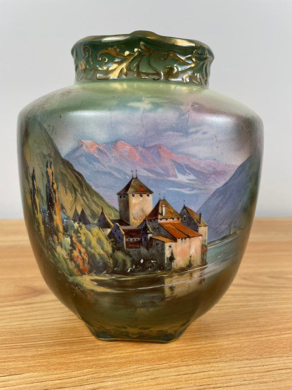 VINTAGE ANTIQUE ROYAL BAYREUTH PORCELAIN GILT DECORATED SCENIC LANDSCAPE VASE