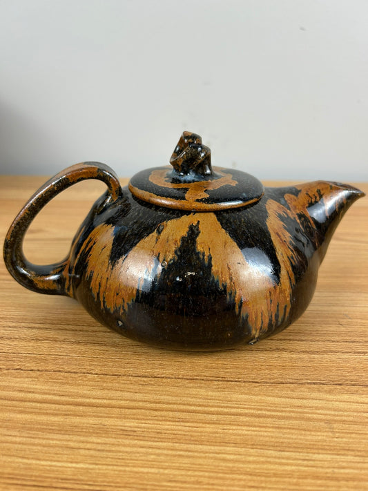 Derek Emms?? Art Pottery Orange Abstract Teapot With Lid Tenmoku Glaze