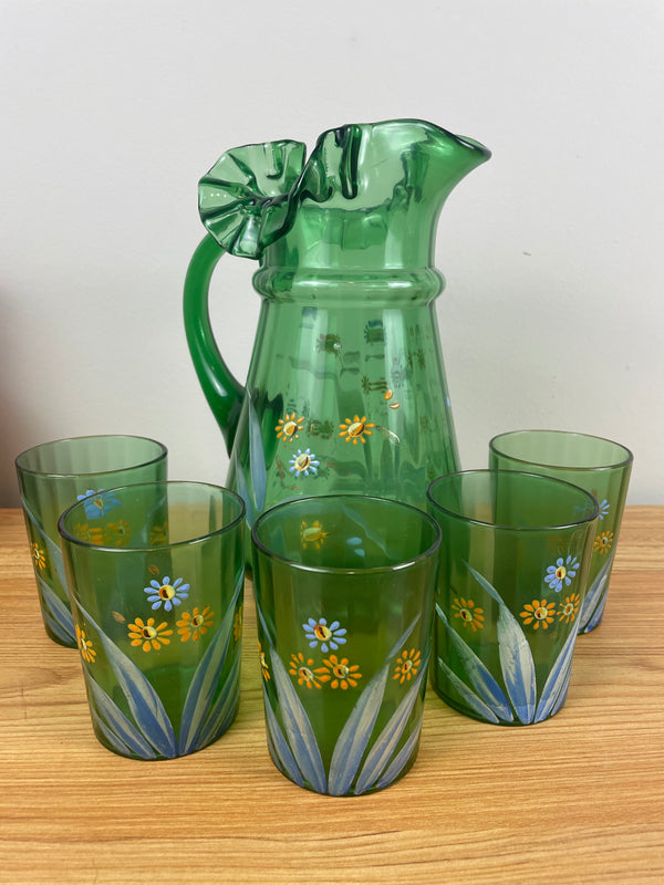 Victorian Antique Hand Painted LEMONADE Ruffled Rim Pitcher 5 Green Tumblers