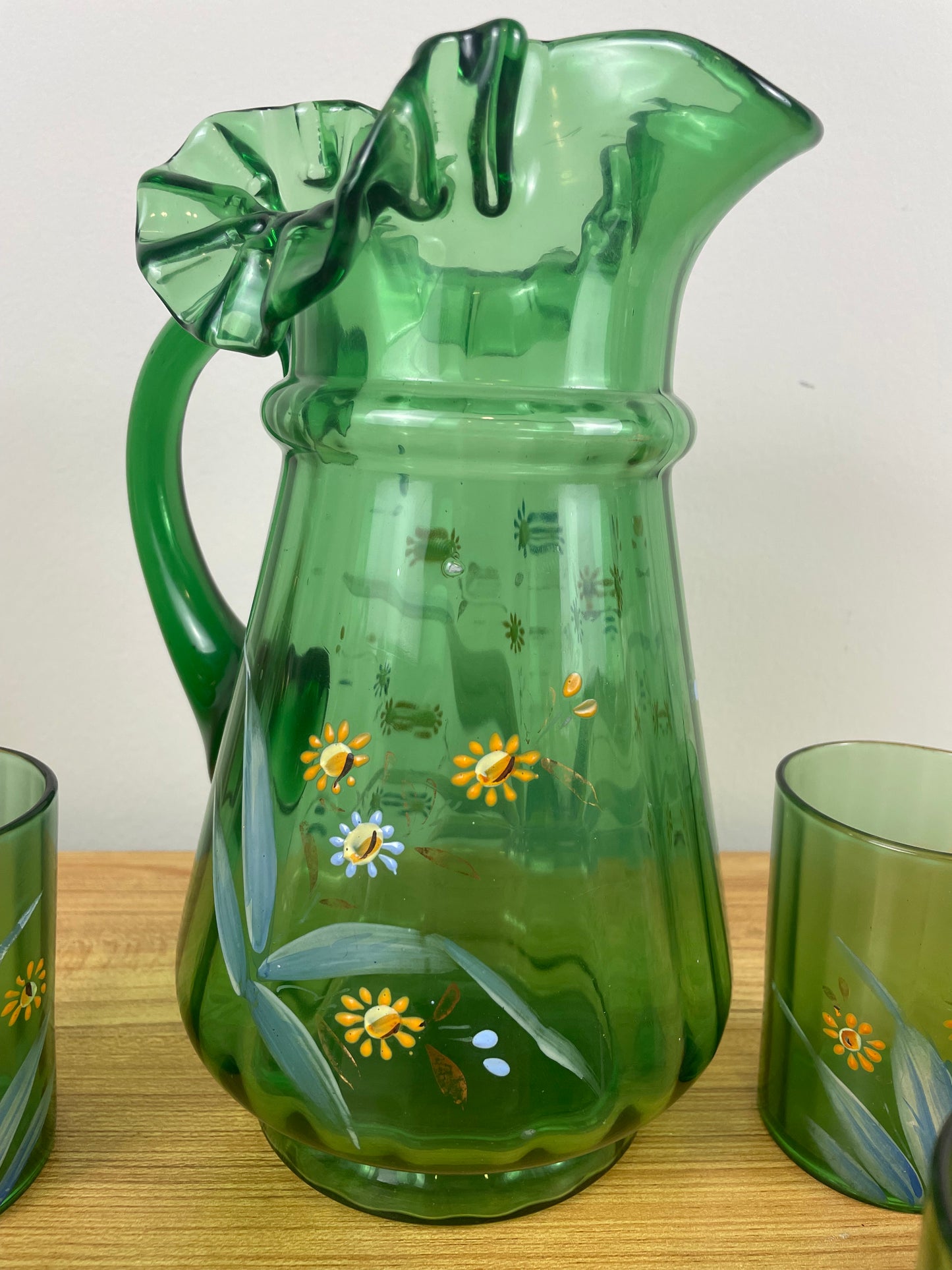 Victorian Antique Hand Painted LEMONADE Ruffled Rim Pitcher 5 Green Tumblers