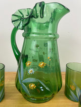 Victorian Antique Hand Painted LEMONADE Ruffled Rim Pitcher 5 Green Tumblers