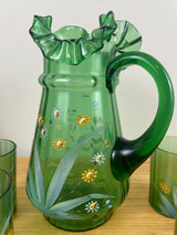 Victorian Antique Hand Painted LEMONADE Ruffled Rim Pitcher 5 Green Tumblers