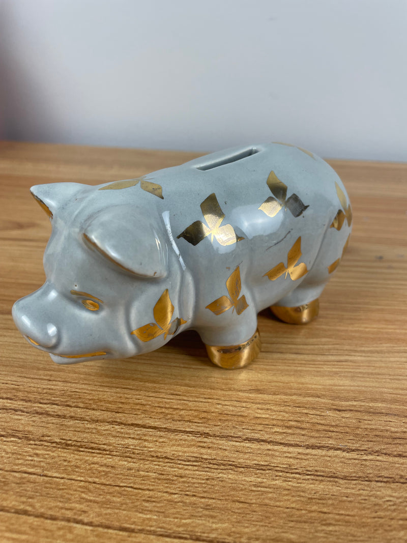 Vtg 50s La Pere Pottery Blue Pig Bank Figure bright Gold 3 leaf design