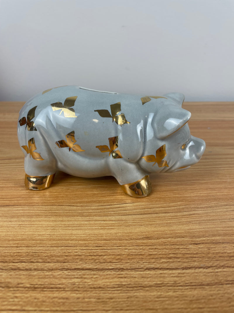 Vtg 50s La Pere Pottery Blue Pig Bank Figure bright Gold 3 leaf design