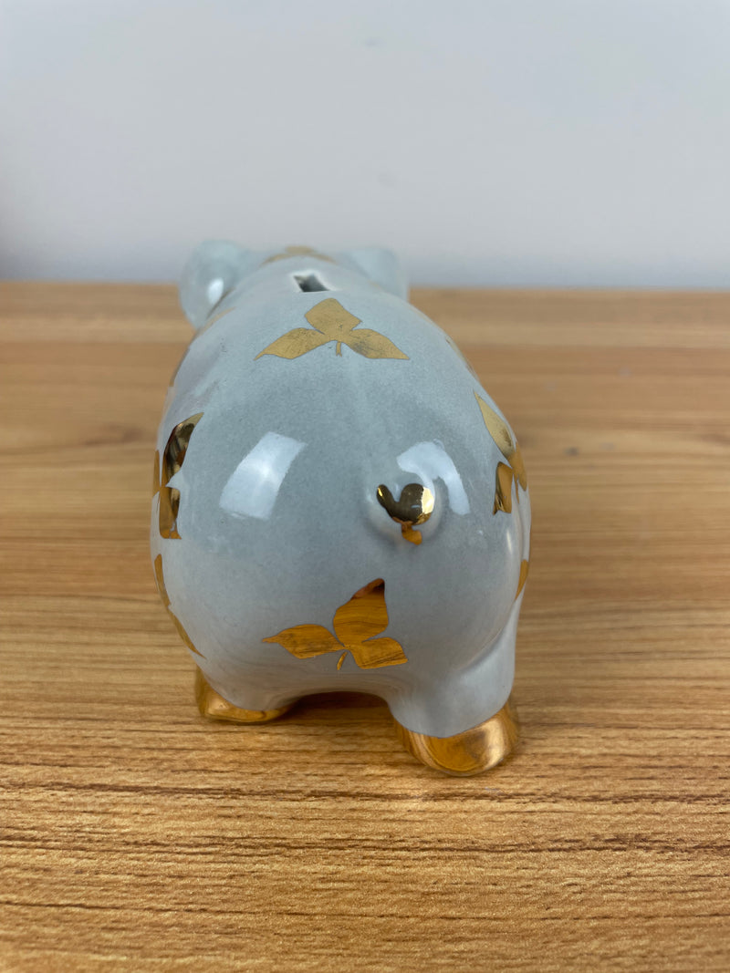 Vtg 50s La Pere Pottery Blue Pig Bank Figure bright Gold 3 leaf design