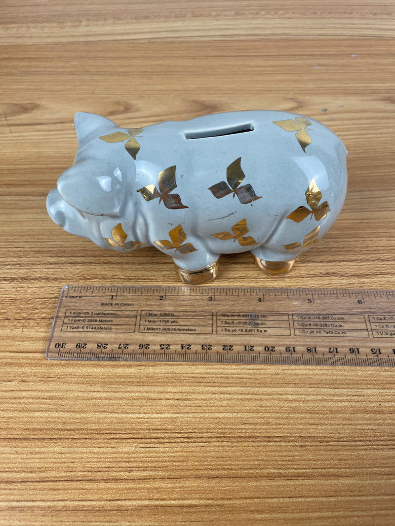 Vtg 50s La Pere Pottery Blue Pig Bank Figure bright Gold 3 leaf design