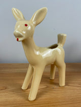 1950's Shawnee Yellow Cream Pottery Fawn, Deer Figurine Planters Red Eyes