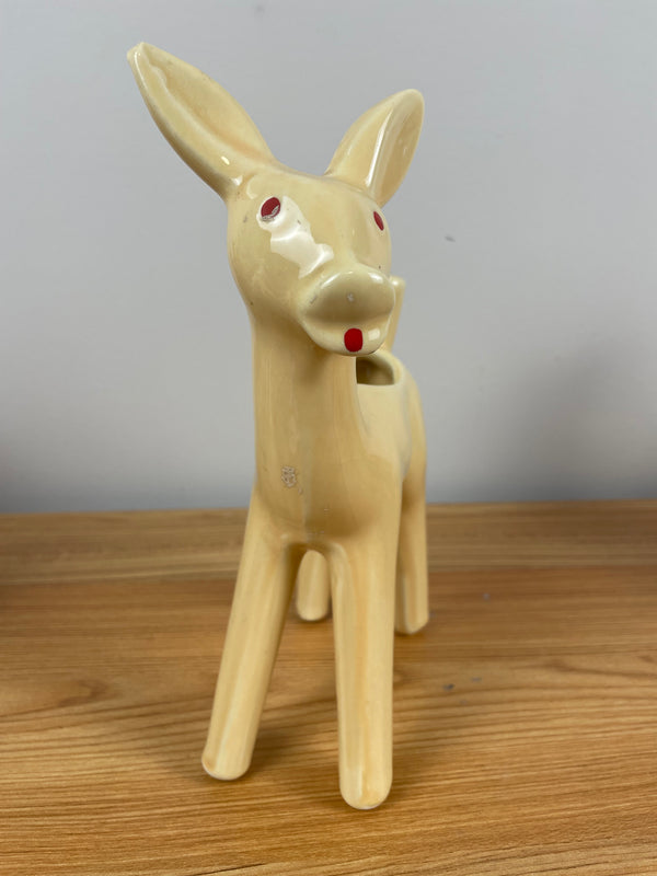 1950's Shawnee Yellow Cream Pottery Fawn, Deer Figurine Planters Red Eyes