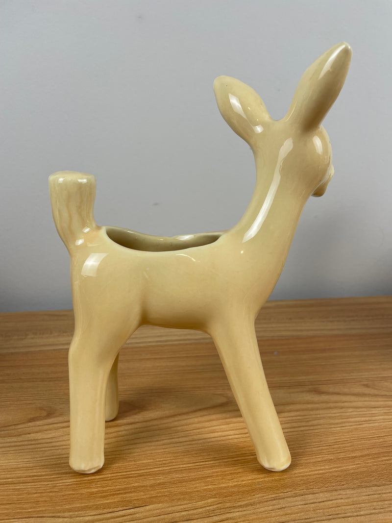 1950's Shawnee Yellow Cream Pottery Fawn, Deer Figurine Planters Red Eyes