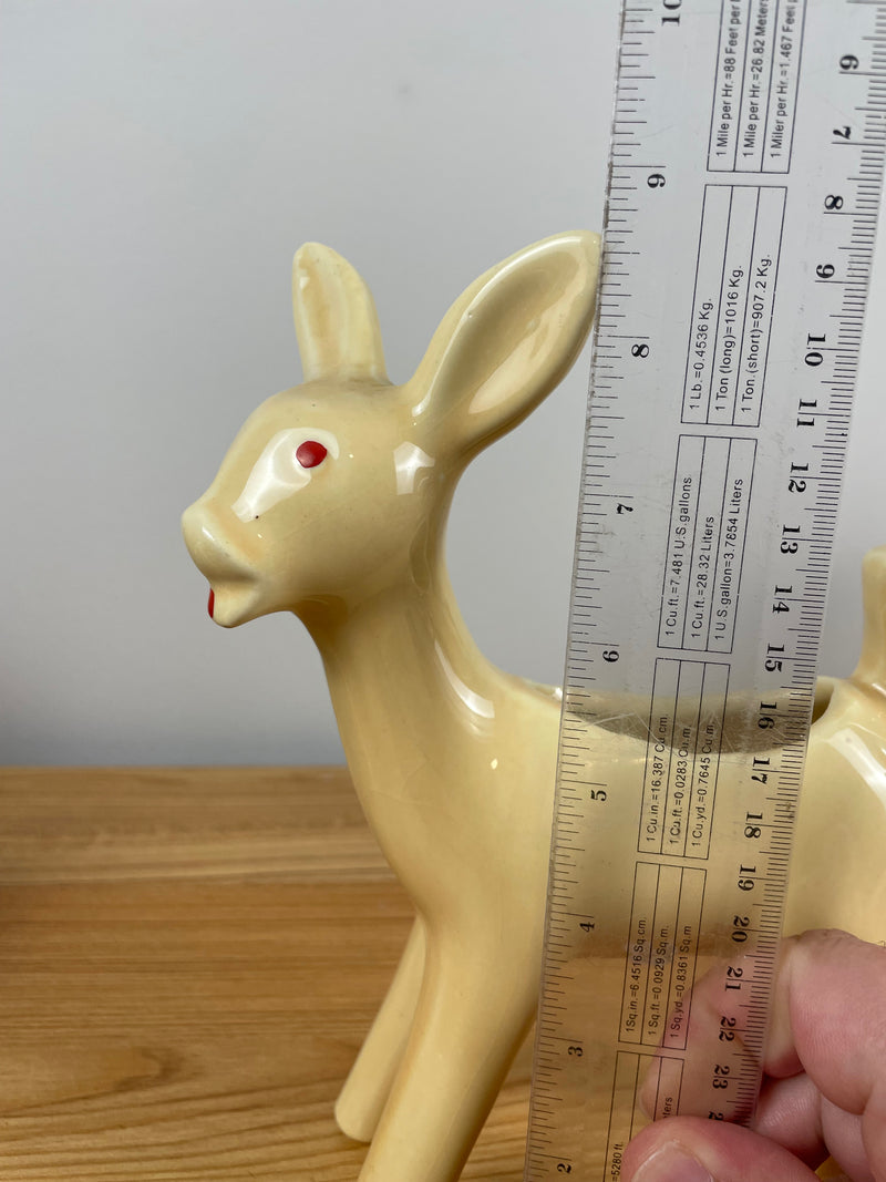 1950's Shawnee Yellow Cream Pottery Fawn, Deer Figurine Planters Red Eyes