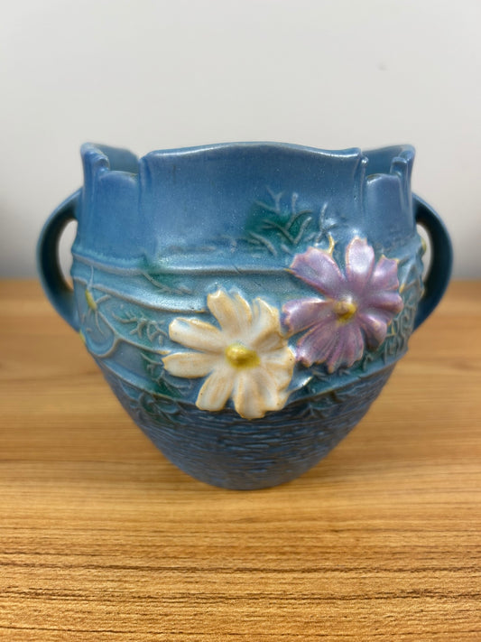 Roseville Cosmos 1939 Vintage Art Pottery Blue Ceramic Handled Vase 649-5