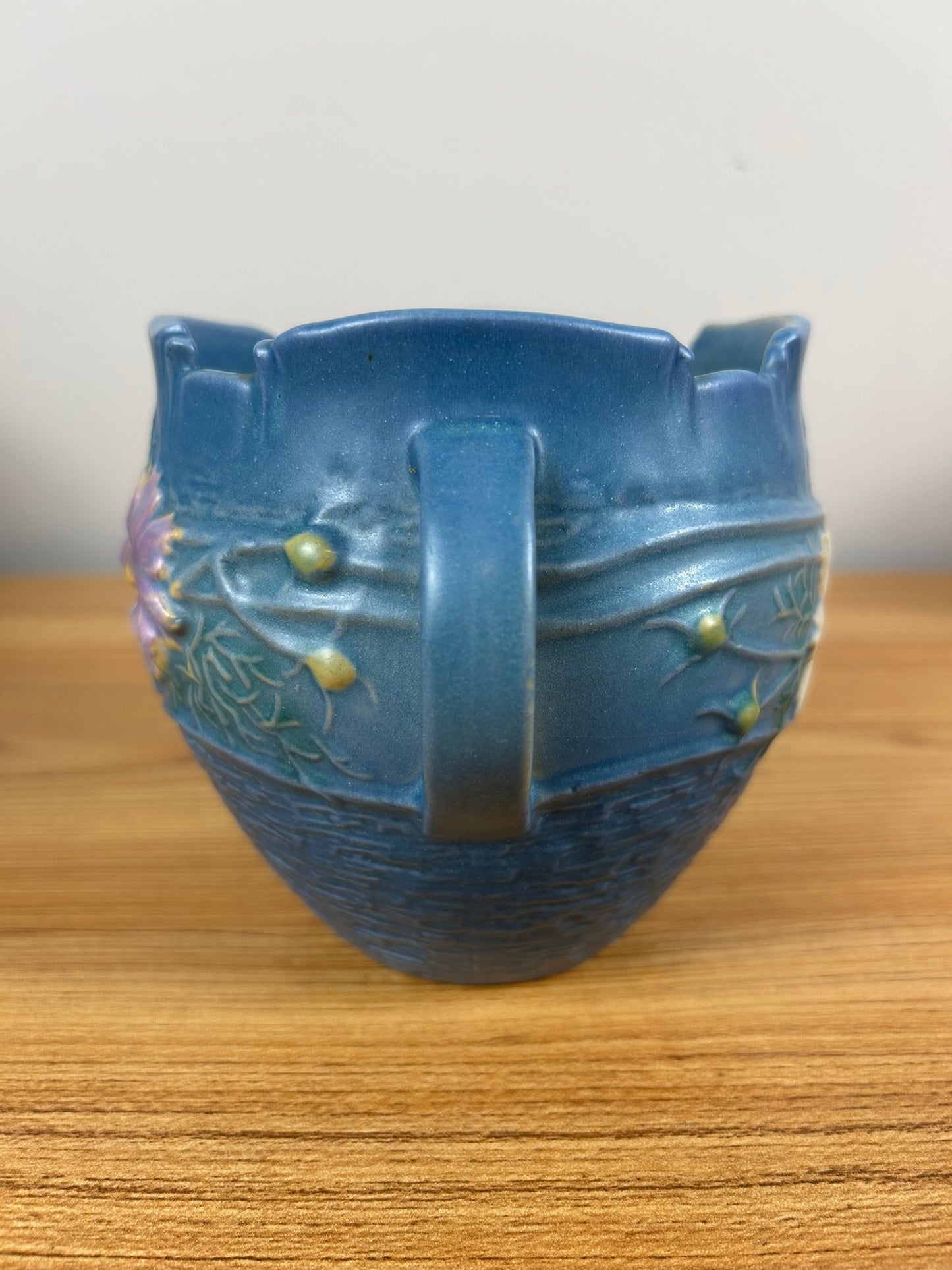 Roseville Cosmos 1939 Vintage Art Pottery Blue Ceramic Handled Vase 649-5
