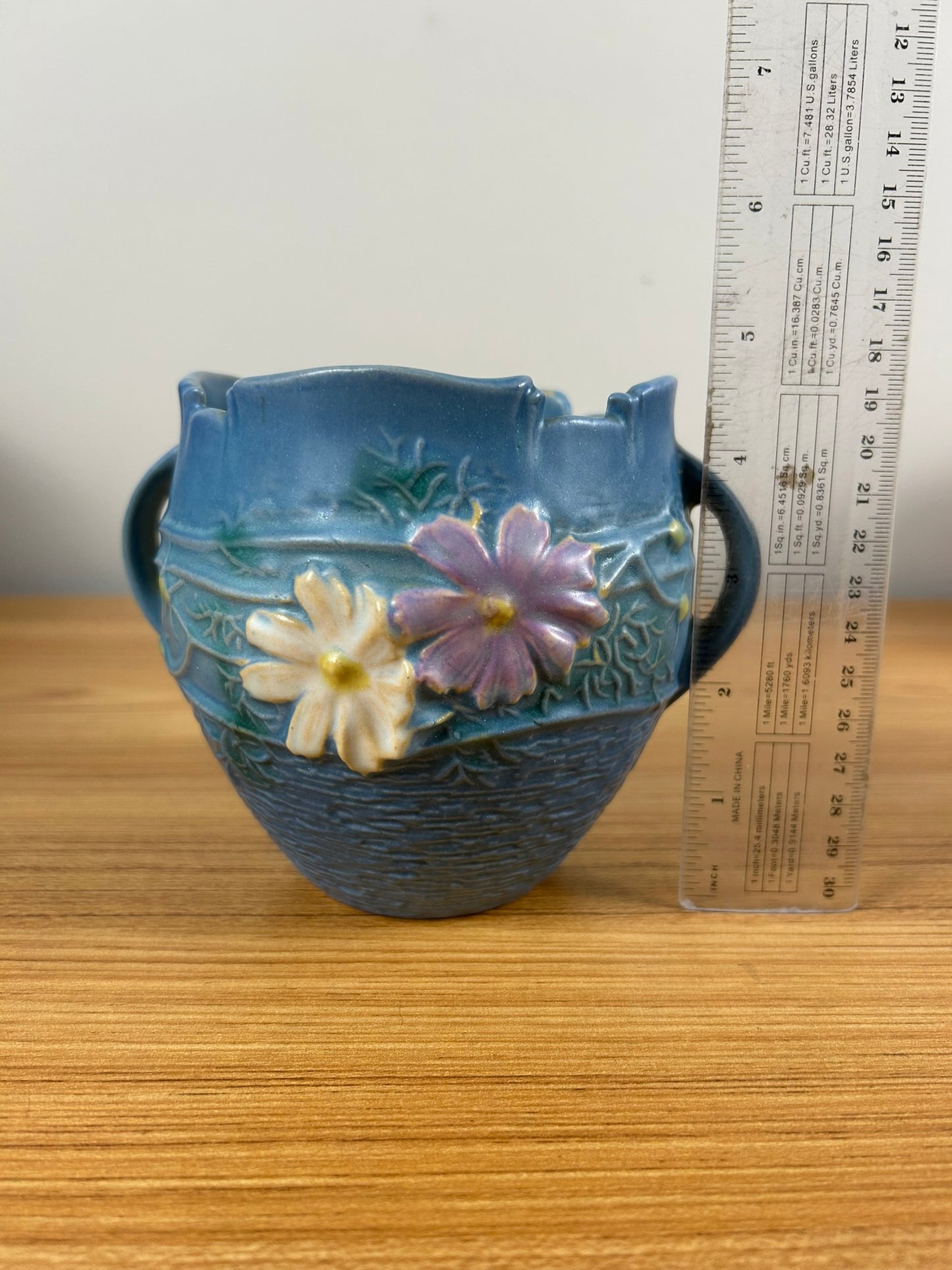 Roseville Cosmos 1939 Vintage Art Pottery Blue Ceramic Handled Vase 649-5