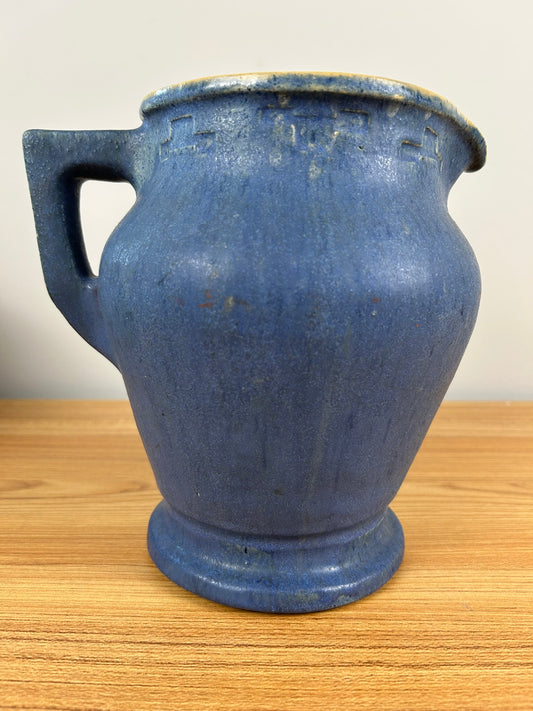 JMU 1920 Signed Student Large Blue Art Pottery Pitcher With Greek Key Rim