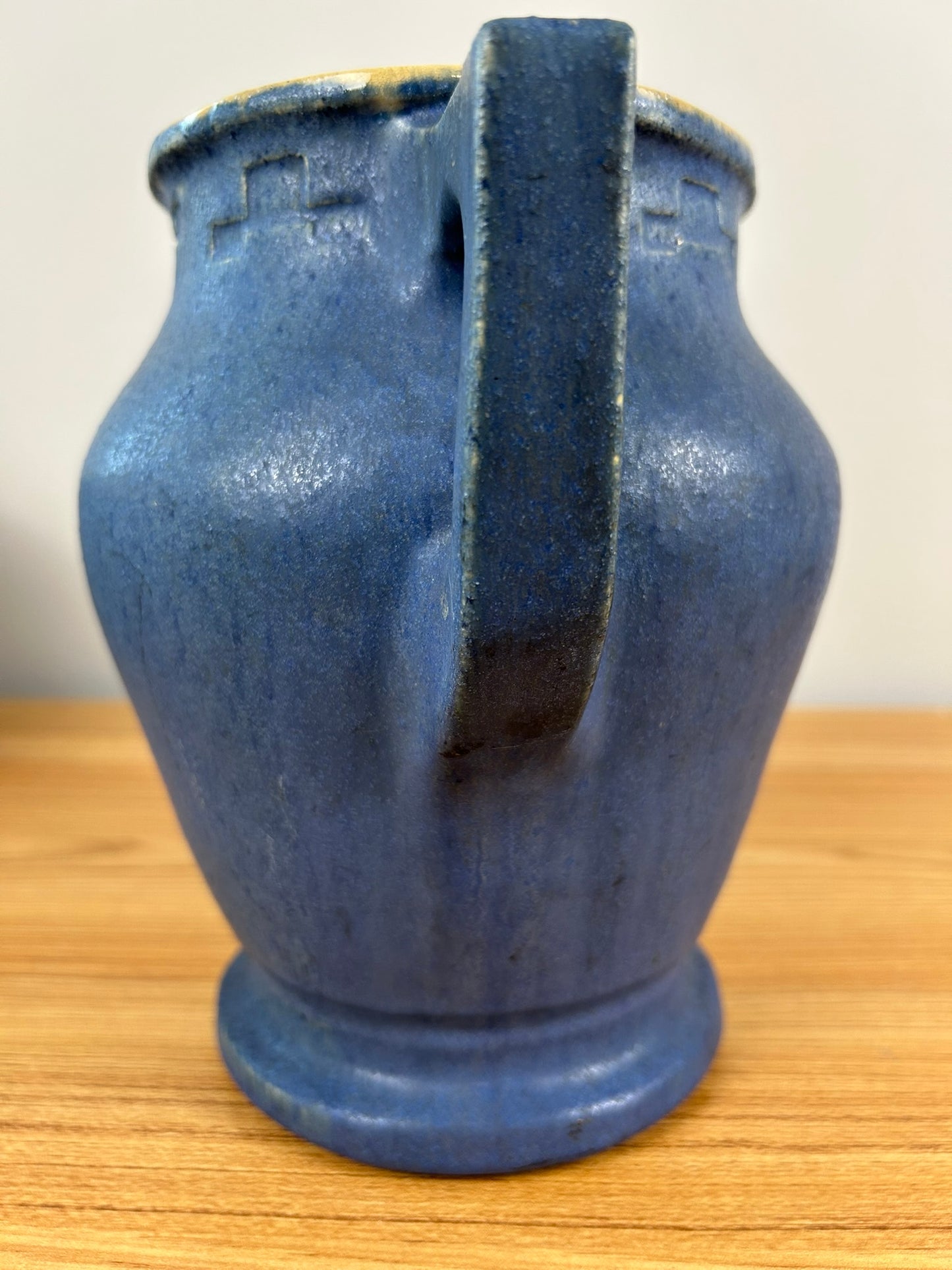 JMU 1920 Signed Student Large Blue Art Pottery Pitcher With Greek Key Rim
