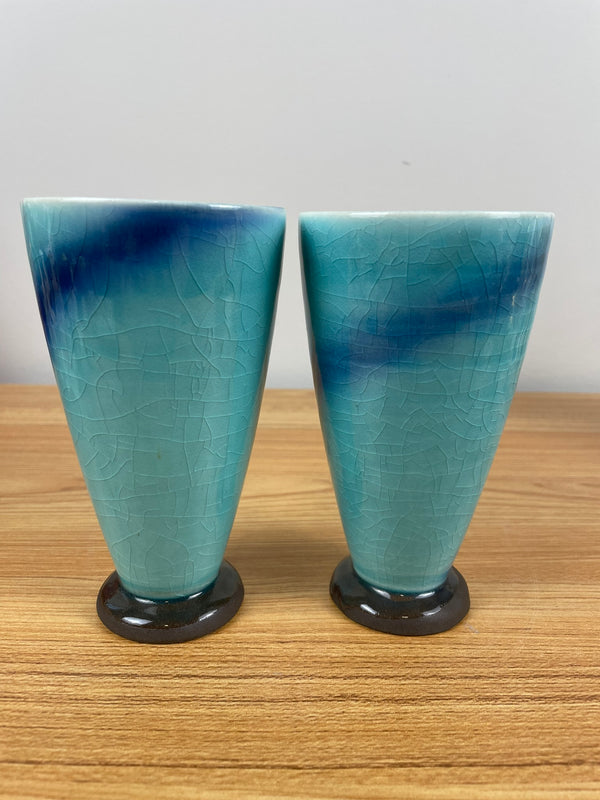 MIYANAGA TOZAN Japanese Celadon Pottery Pair Of Vases Signed 5.25" Tall