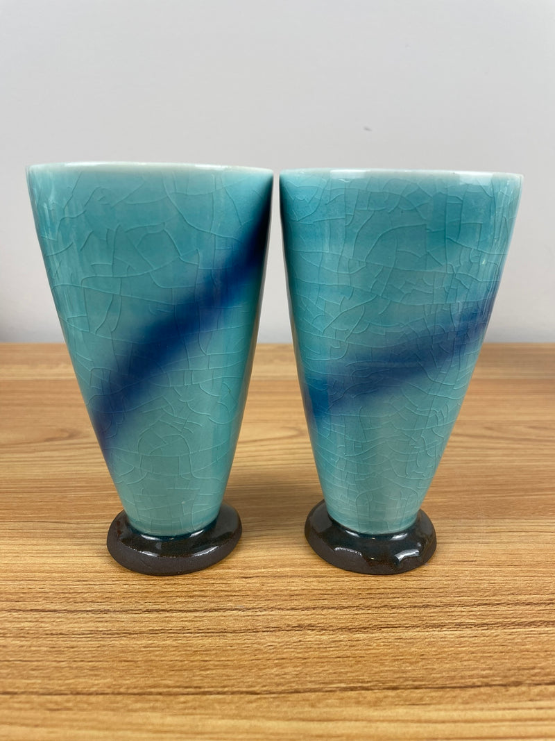 MIYANAGA TOZAN Japanese Celadon Pottery Pair Of Vases Signed 5.25" Tall