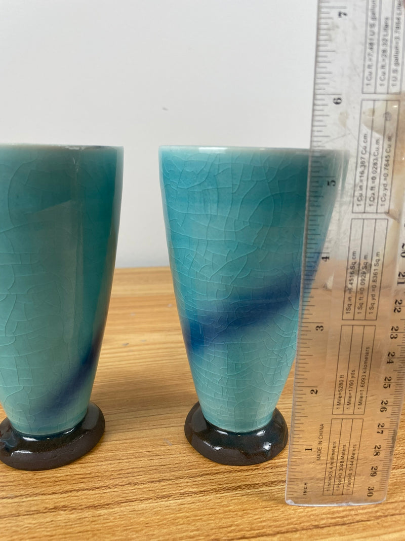 MIYANAGA TOZAN Japanese Celadon Pottery Pair Of Vases Signed 5.25" Tall