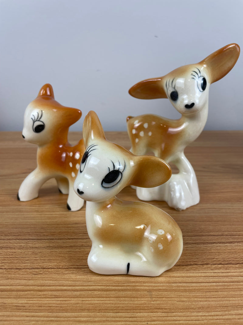 Vtg 1940s Set Of 3 Deer Fawn Big Eyed Doe BERNARD California Kitsch Pottery