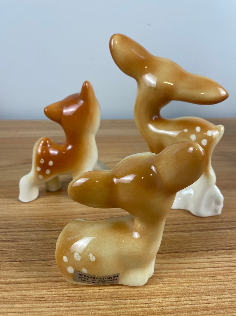 Vtg 1940s Set Of 3 Deer Fawn Big Eyed Doe BERNARD California Kitsch Pottery