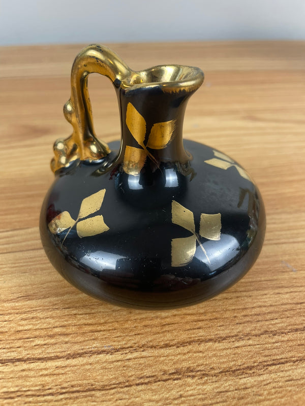 Vintage Le Pere Pottery Miniature Pitcher Vase Black Glaze Gold Leaf Collectible