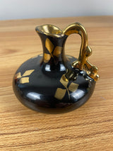 Vintage Le Pere Pottery Miniature Pitcher Vase Black Glaze Gold Leaf Collectible