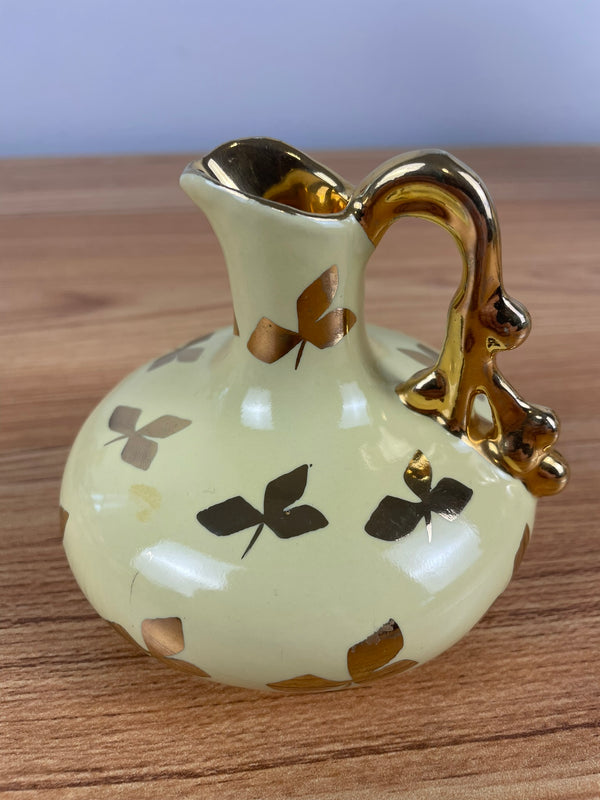 Vintage Le Pere Pottery Miniature Pitcher Vase Yellow Glaze Gold Leaf Collectible