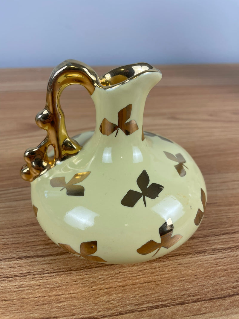 Vintage Le Pere Pottery Miniature Pitcher Vase Yellow Glaze Gold Leaf Collectible