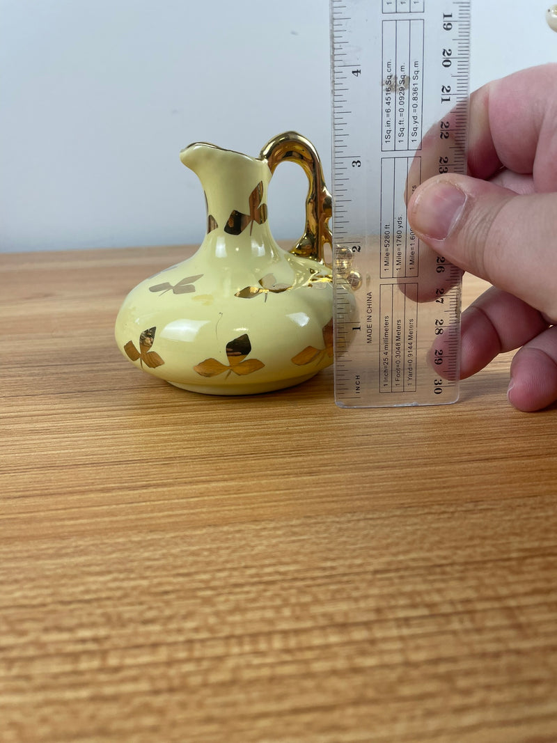 Vintage Le Pere Pottery Miniature Pitcher Vase Yellow Glaze Gold Leaf Collectible