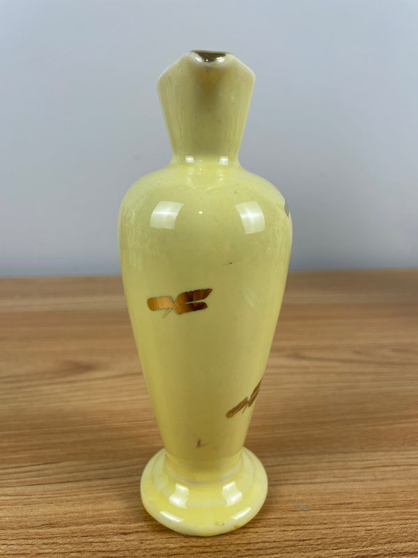 Vtg La Pere Yellow Glaze / Gold Leaves Gold Trim Vase Or Pitcher 6.5” T