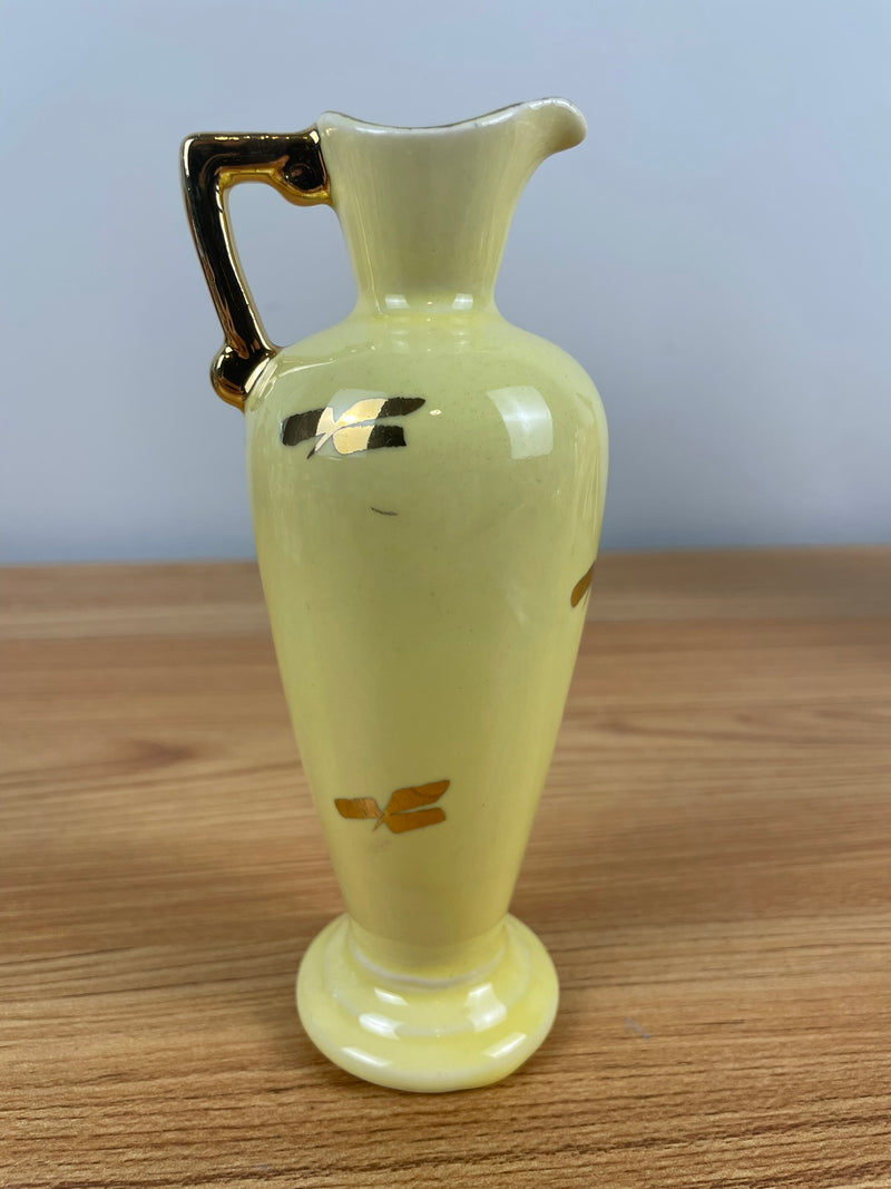 Vtg La Pere Yellow Glaze / Gold Leaves Gold Trim Vase Or Pitcher 6.5” T