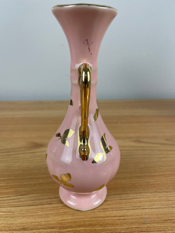 Vintage La Pere Pink & Gold Double Handled Small Bud Vase 6"