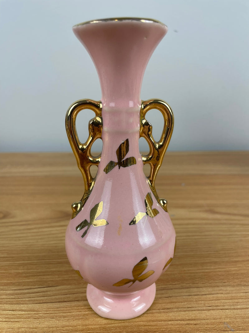 Vintage La Pere Pink & Gold Double Handled Small Bud Vase 6"