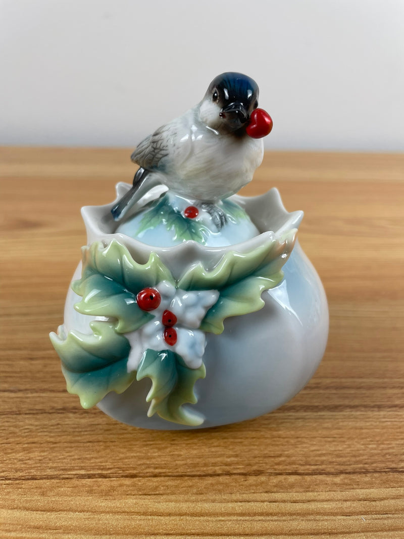 Franz Collection Chickadee series Holiday beginnings porcelain sugar jar